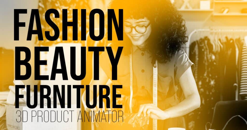 Fashion designer with measuring tape next to bold text about fashion and beauty 3D product animation services
