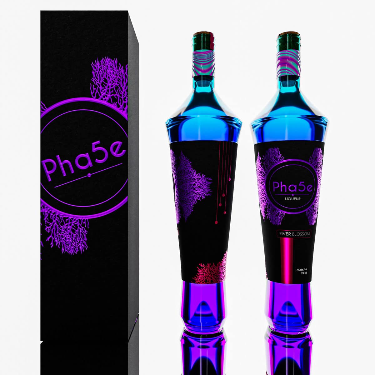 A luxury liqueur bottle design for Pha5e featuring a black label with glowing purple coral-like patterns and blue glass, shown with matching product packaging, part of a logo design portfolio