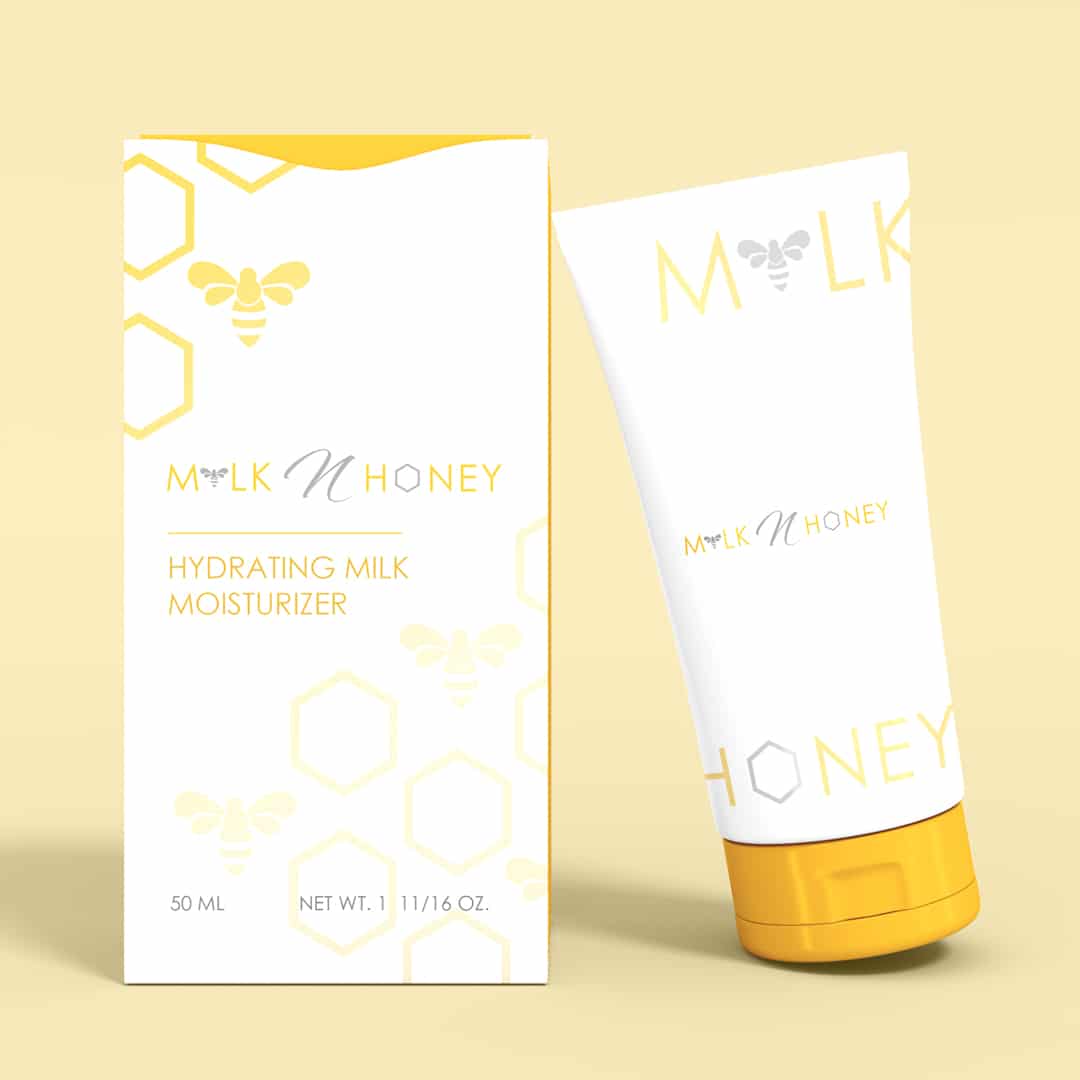 Milk n Honey skincare product packaging design featuring a clean white and yellow color scheme with honeycomb patterns and bee motifs