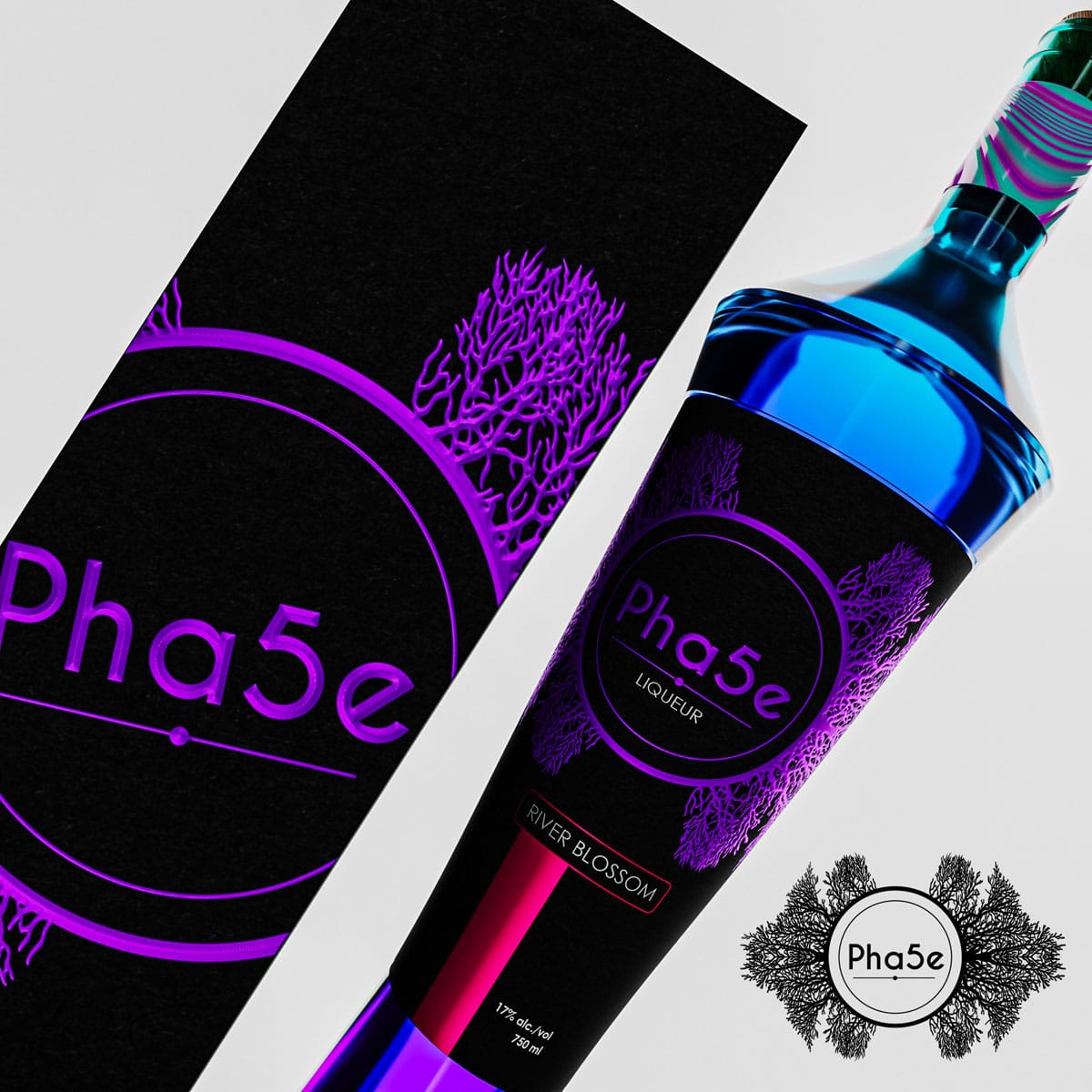 Product packaging design for Pha5e liqueur featuring a black box with purple illuminated coral patterns, displayed alongside the bottle and brand icon