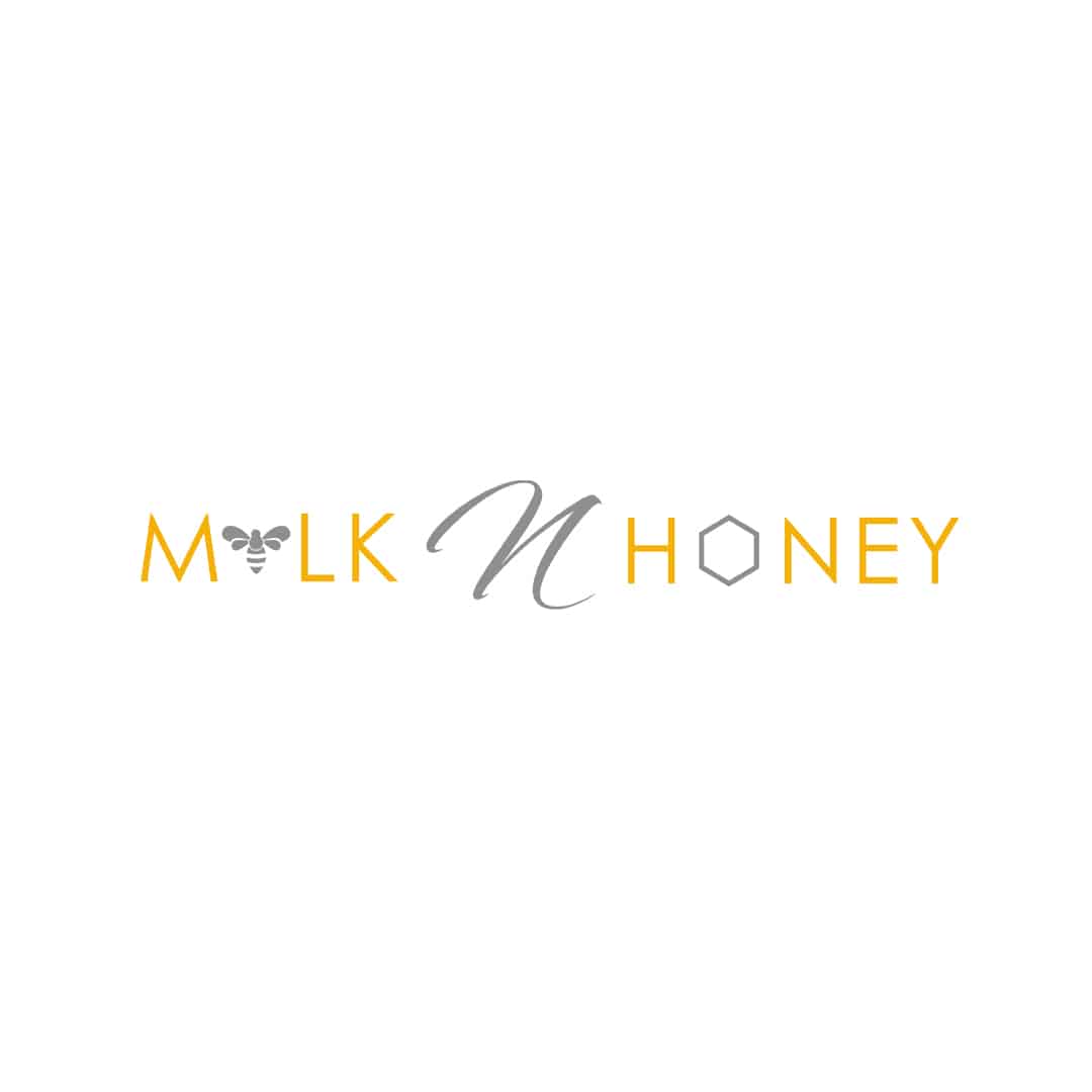 Clean, minimal logo design for Milk n Honey featuring stylized text with bee and hexagon symbols, part of a logo design portfolio