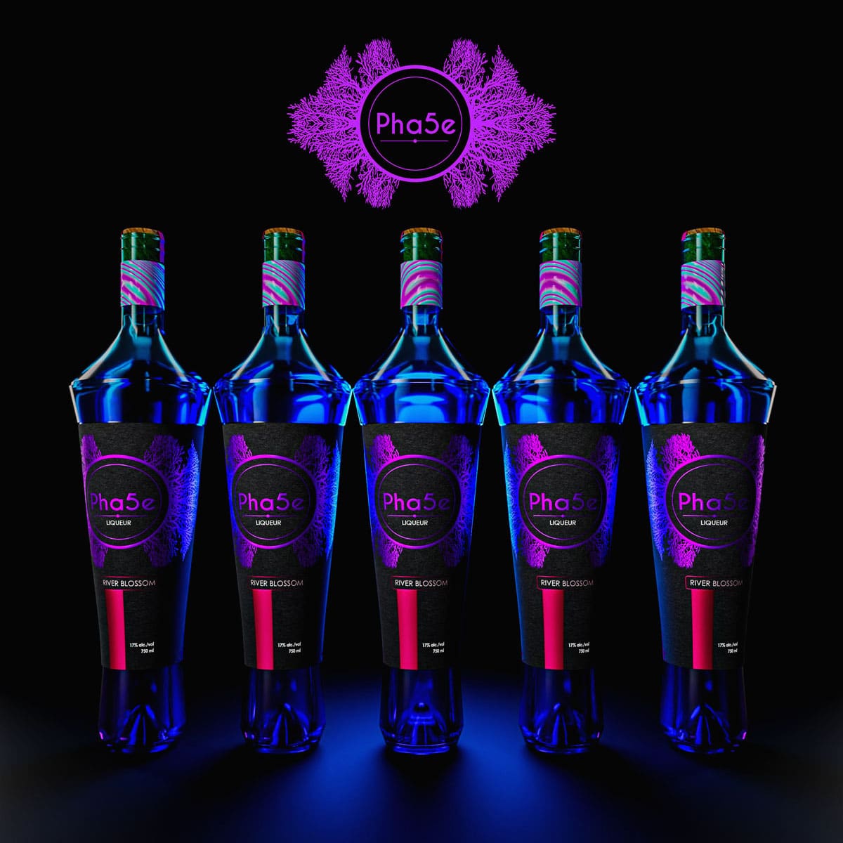 Five Pha5e liqueur bottles arranged in a row against a black background, showcasing consistent brand design with purple accents and River Blossom label, from a logo design portfolio