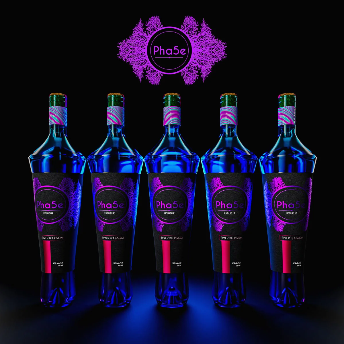 3D Beverage Animation Studio Five liqueur bottles styled with product launch animation
