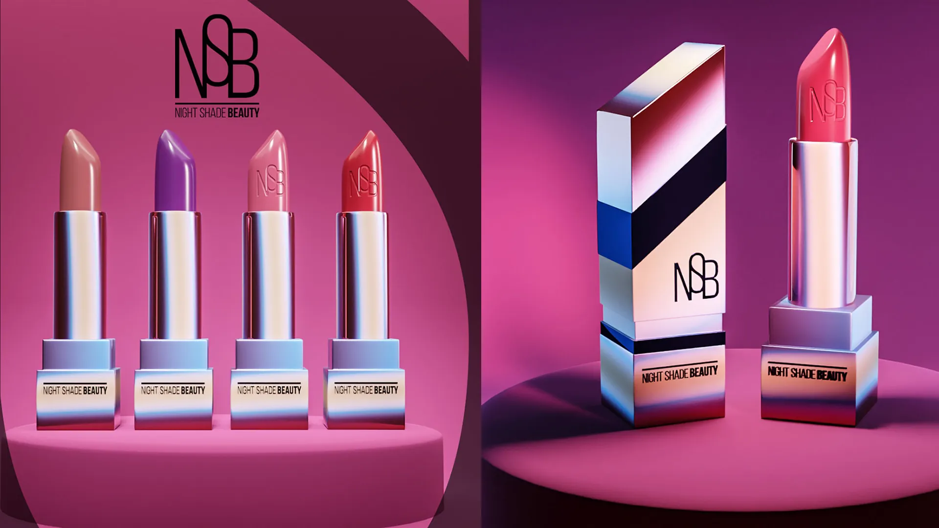 3D Packaging Rendering 3D packaging rendering of Night Shade Beauty lipsticks in four shades beside a striped metallic carton