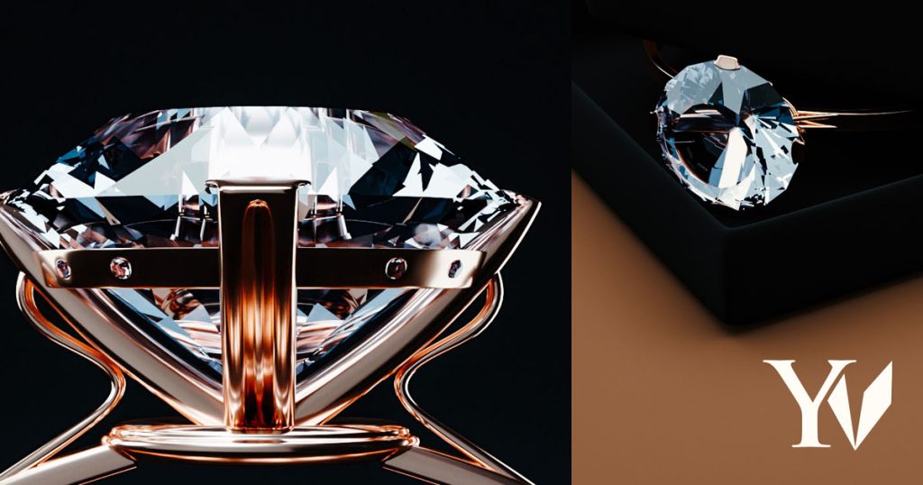 Close up of diamond ring diamond on the right. With a brand monogram logo lower left overlaping another closeup diamond in a case.