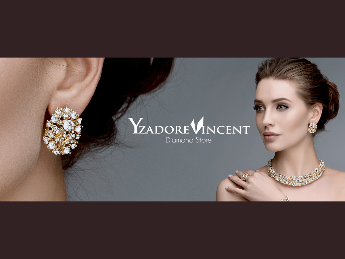 Jewelry Branding Banner Design Wide luxury banner pairing an extreme close-up of a gold cluster earring on a woman's ear with a poised model wearing a matching statement necklace, ring, and earrings against a soft gray backdrop, an elegant example of jewelry branding.