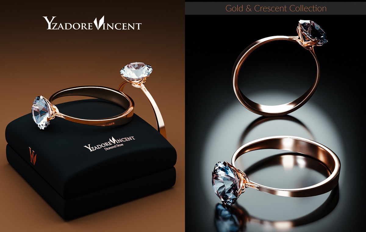Jeweler Branding Split layout showing two slender rose-toned rings set with large faceted white stones, one pair resting on a black velvet presentation box under warm caramel light and the other mirrored on a glossy reflective surface, photographed for high-end jewelry branding.