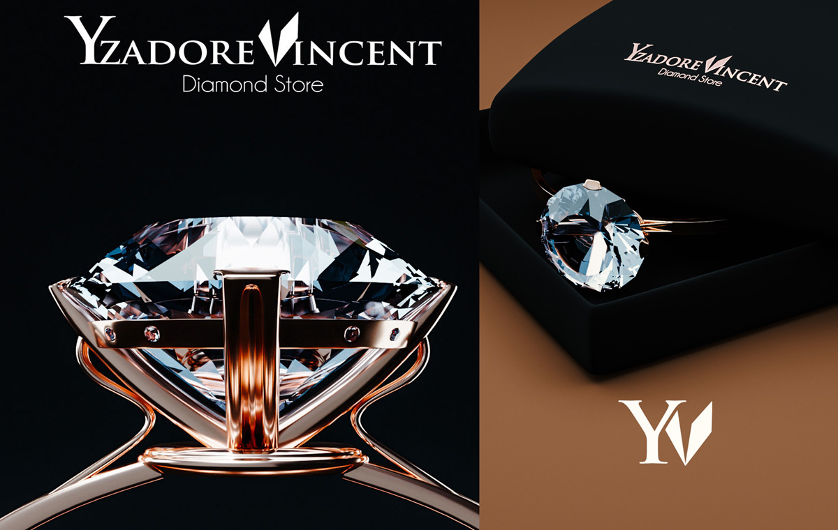 Jewelery Branding Design Dramatic macro view of a brilliant-cut clear stone held in a polished rose-toned prong setting beside a second panel showing the same ring nestled in an open velvet case on a warm tan background, a refined study in jewelry branding.