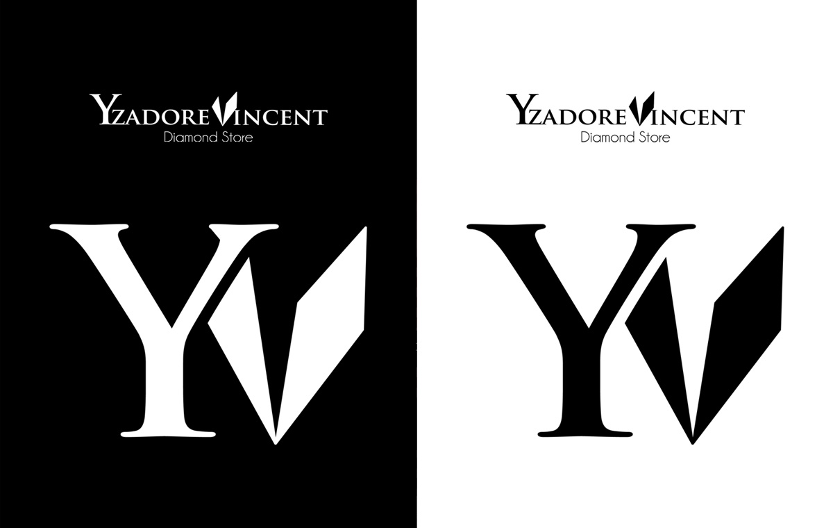 logo Side-by-side white-on-black and black-on-white versions of an elegant serif lettermark combining a tall Y with an angular faceted V shape, shown as the core mark for jewelry branding.