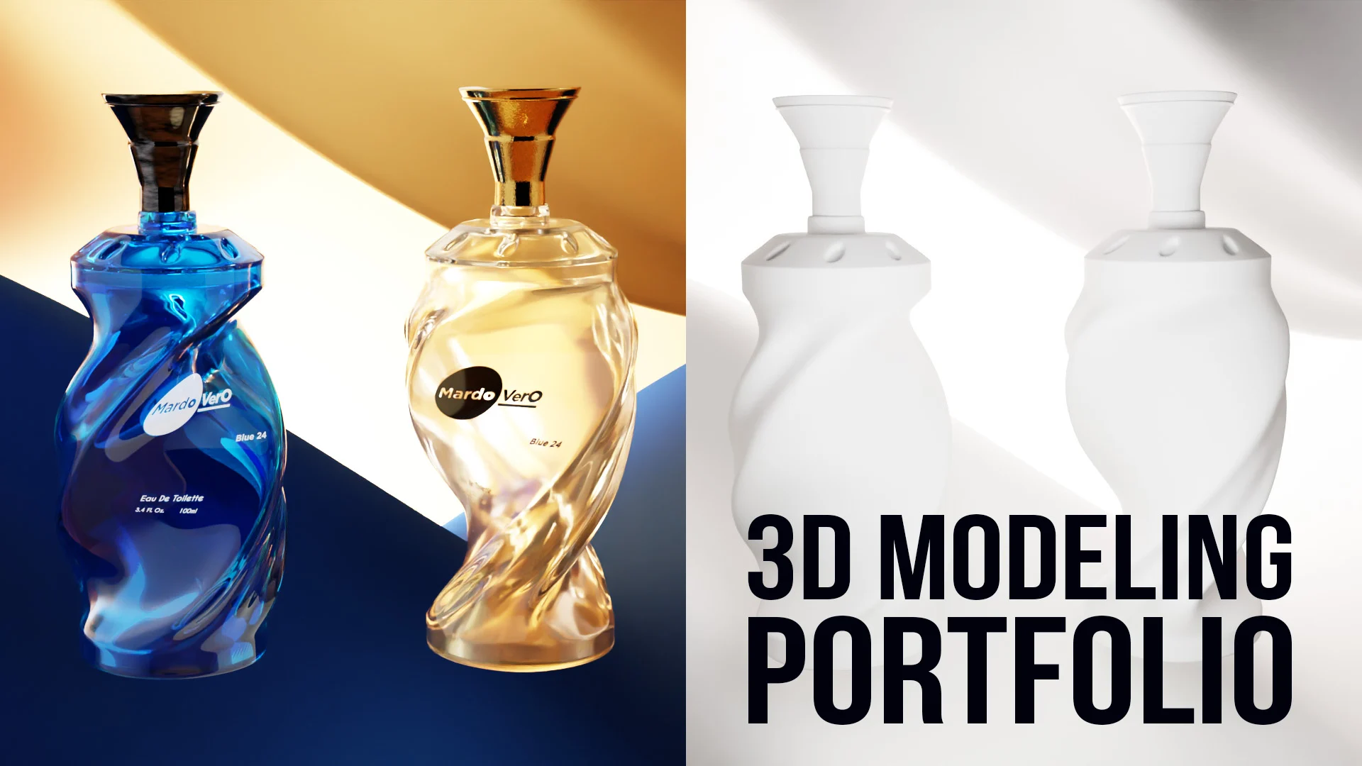 3d-modeling-portfolio-perfume-bottles Blue and gold perfume bottles beside matching white clay renders in a 3D modeling portfolio