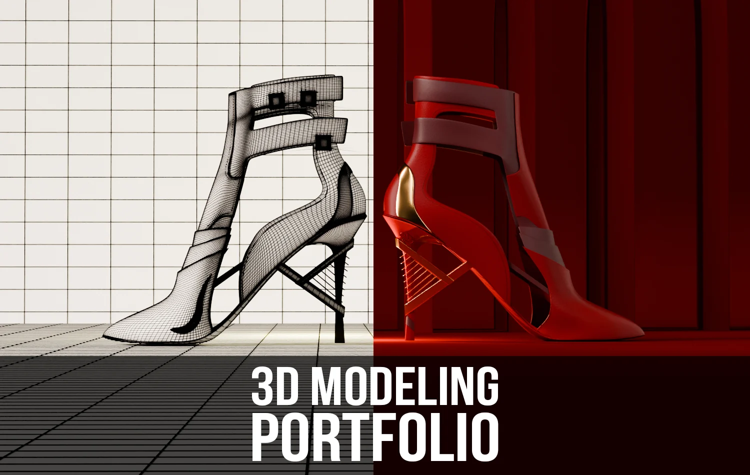3d-modeling-portfolio-red-heel-boot Split-screen wireframe and finished render of a red high-heel boot from a 3D modeling portfolio project