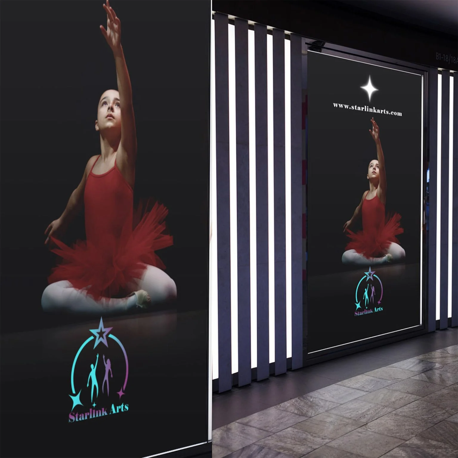Dancing Omaha Branding Service Omaha branding services storefront window decal mockup featuring a young ballerina in a red tutu reaching upward, shown both as a close-up graphic and installed on an illuminated glass entrance at night.