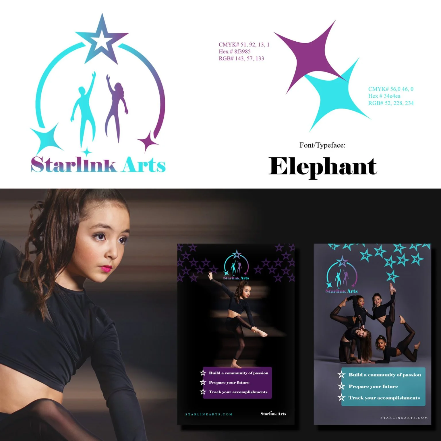 Dancing Omaha Branding Services Omaha branding services dance studio brand board displaying a star and dancer silhouette logo in purple and teal gradients, color codes, a bold serif font sample, and two dark-themed event poster mockups featuring dancers and program highlights.