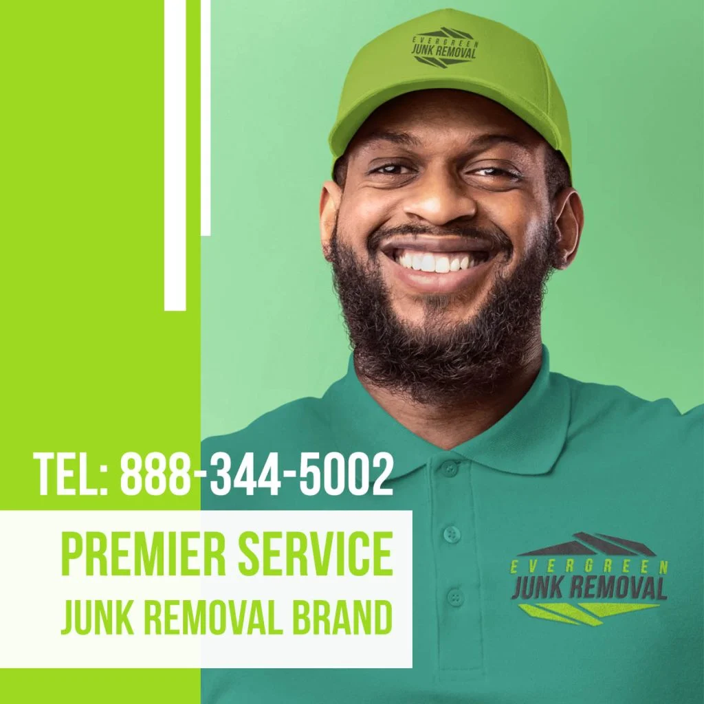 Junk Remova Branding Services Omaha branding services social media ad mockup for a junk removal company, showing a smiling worker in a green cap and teal polo shirt against a bright green background.