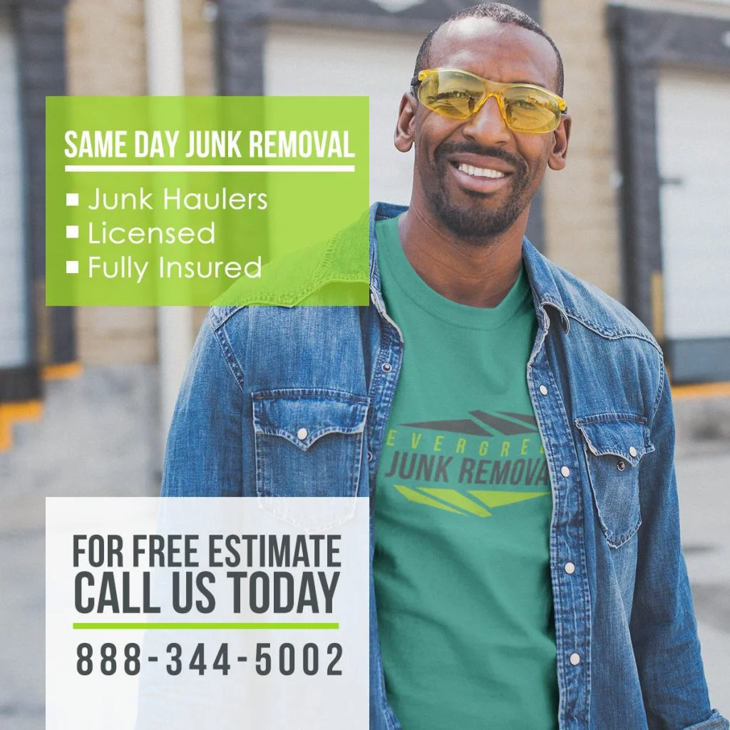 Junk Removal Omaha Company Branding Services Omaha branding services promotional graphic for a junk removal company showing a worker in yellow safety glasses and a denim jacket standing near a loading dock, with licensing and insurance callouts.