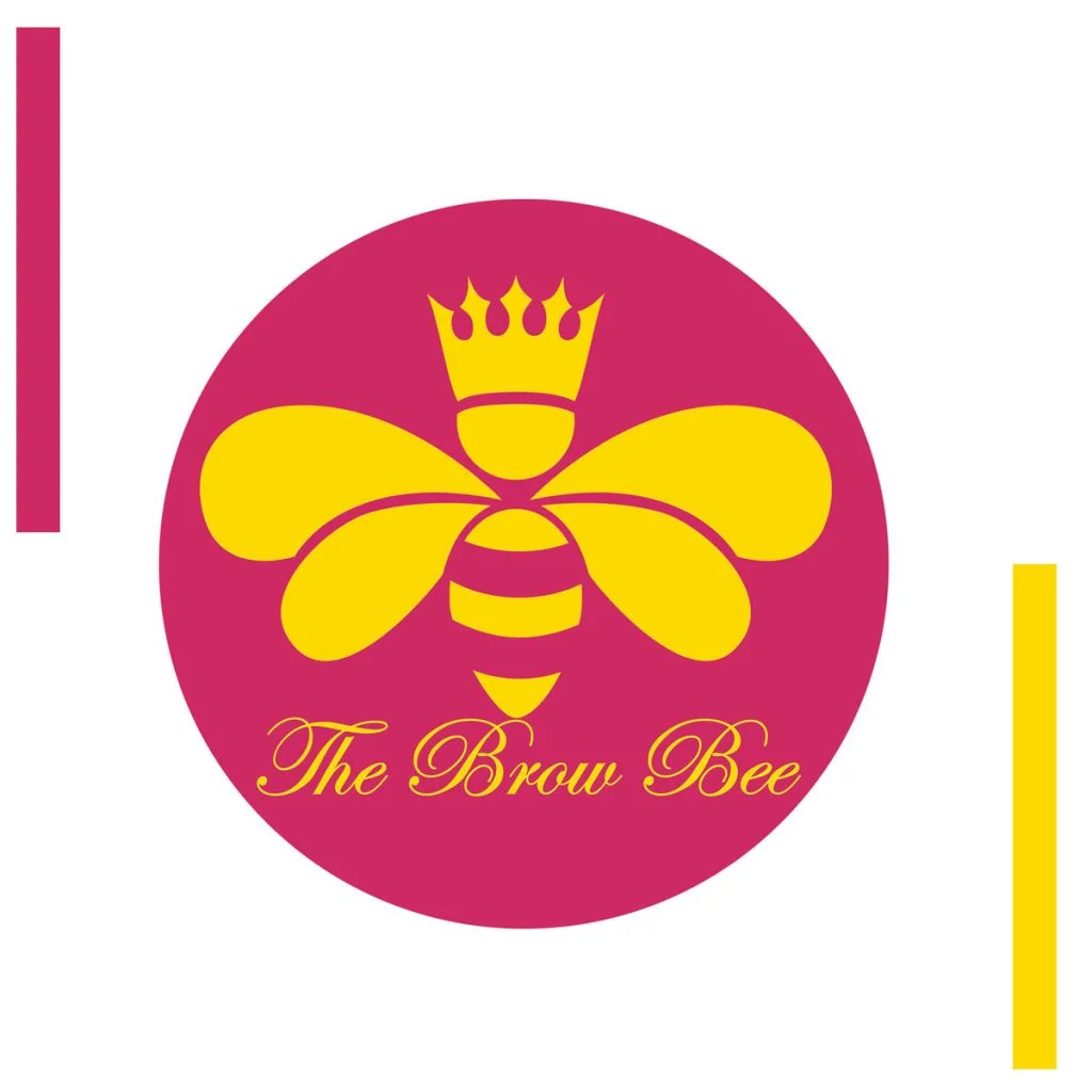 Omaha Branding Services for Beauty Brand Omaha branding services logo design featuring a yellow crowned bee illustration inside a magenta circle with elegant cursive lettering underneath, flanked by pink and yellow accent bars.