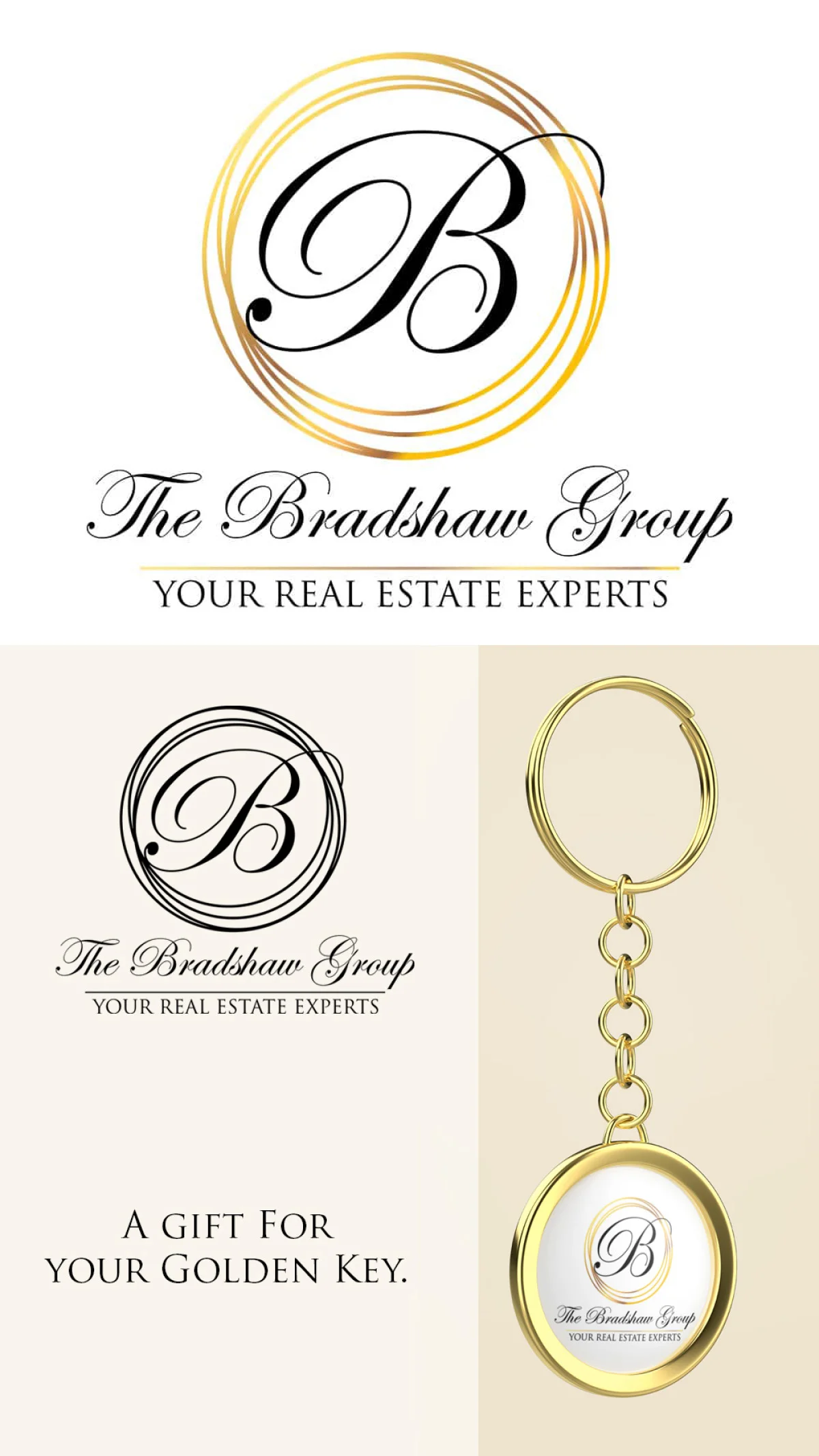 Omaha Branding Services for Real Estate Agent Omaha branding services real estate logo featuring an ornate gold circular monogram letter with cursive lettering and a tagline, paired with a matching gold keychain product mockup.