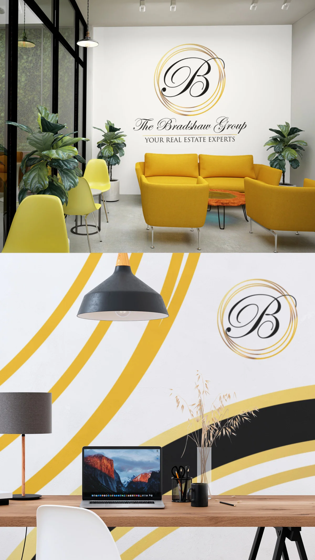 Omaha Branding Services for Real Estate Brokers Omaha branding services interior branding mockup showing a gold monogram logo on an office lounge wall with yellow furniture, paired with a matching gold swirl wallpaper design behind a wooden desk workspace.