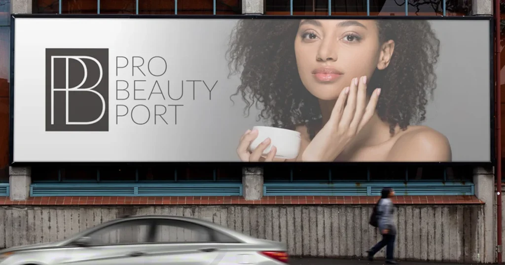 Beauty brand logo design on a billboard with a photograph of a woman, design by omaha logo designer brand.