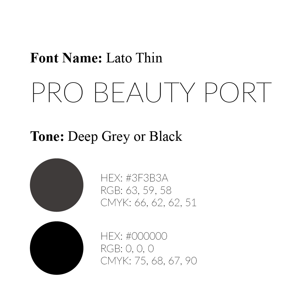 Omaha Logo Designer for Hire A minimal brand style sheet on white lists a thin geometric typeface sample above two filled circles in charcoal grey and solid black with their hex, RGB, and CMYK values, a brand guide sheet built by an Omaha logo designer.