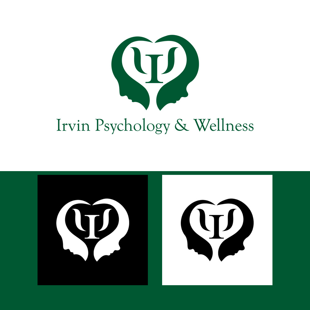 Omaha Logo Designer for Hire A logo presentation board shows a green heart-shaped emblem built from two facing profiles surrounding a Greek letter, with black-on-white and white-on-black versions displayed below on a green panel, brand mark variations by an Omaha logo designer.