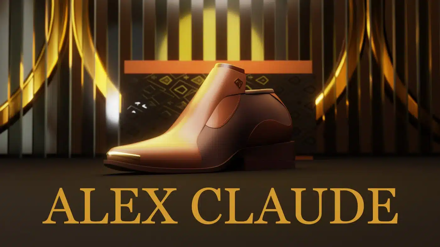 alex-claude-brown-leather-dress-shoe Brown leather Alex Claude dress shoe lit by gold vertical bars in a dark studio.