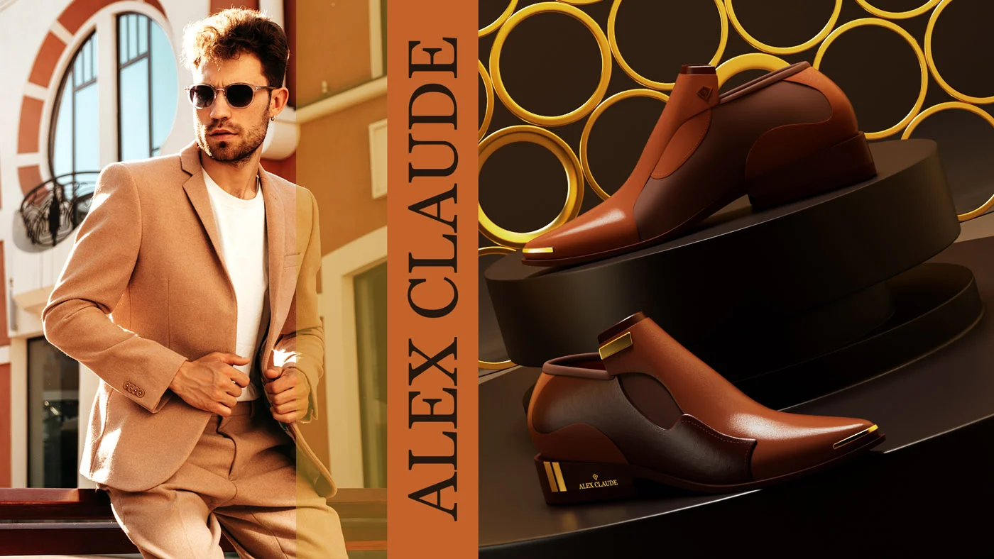 alex-claude-footwear-brand-banner Man in a tan suit beside two brown leather Alex Claude dress shoes on display stands.