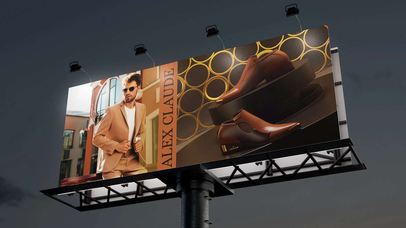 alex-claude-shoe-brand-billboard-ad Nighttime billboard advertising Alex Claude shoes with a model and two brown loafers.