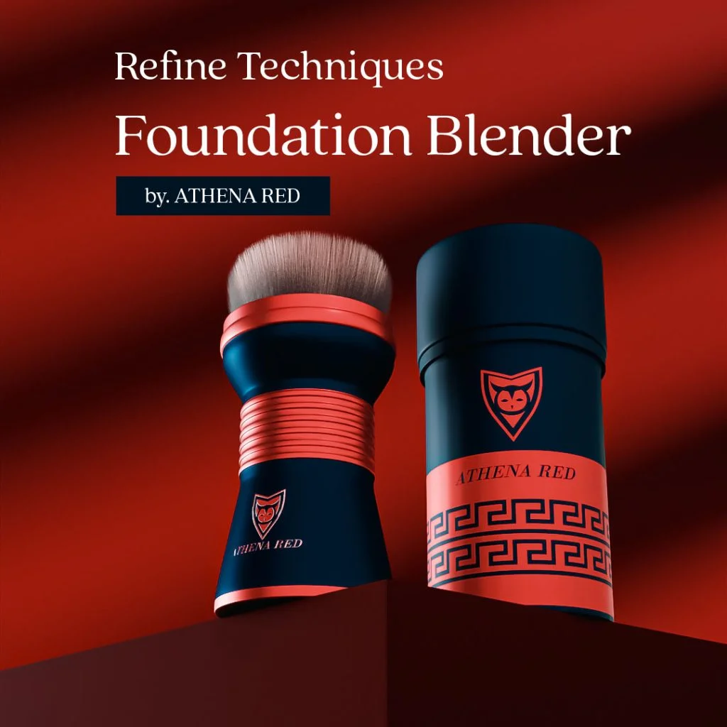 athena-red-foundation-blender-brush Navy and red foundation blender brush standing beside its cylindrical branded storage tube