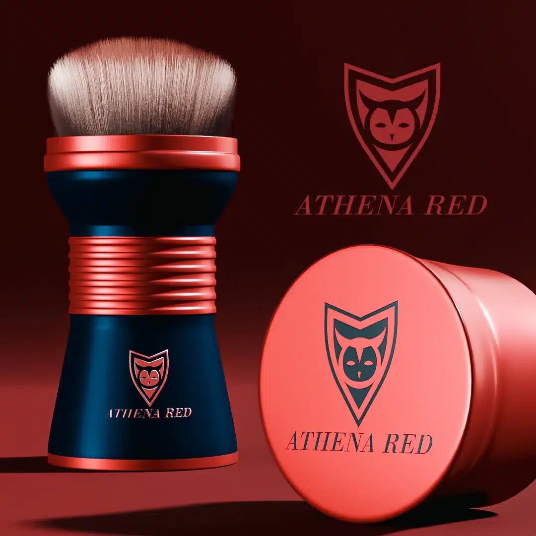 athena-red-makeup-brush-branding-design Navy and red Athena Red makeup brush beside its lid and owl shield logo.