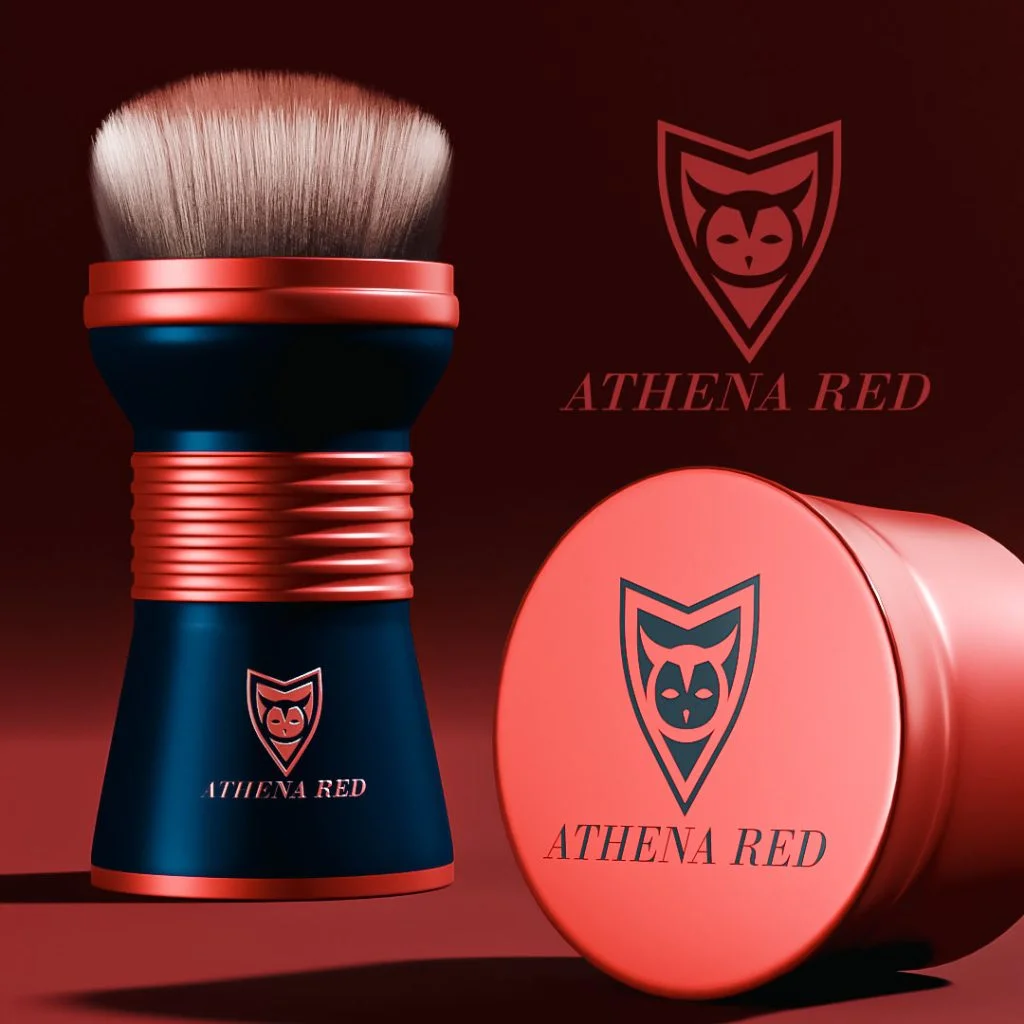 athena-red-makeup-brush-container Red and navy makeup brush standing next to its round branded metal container
