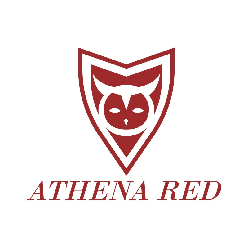athena-red-owl-shield-logo-design Red owl inside a shield crest above the Athena Red brand name in serif type.