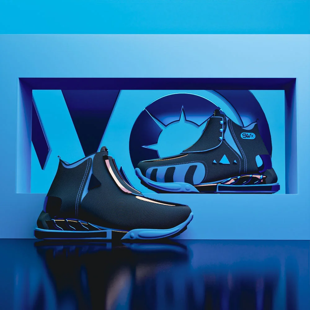 black-sneakers-brand-logo-display Two black sneakers displayed in front of an illuminated blue logo alcove