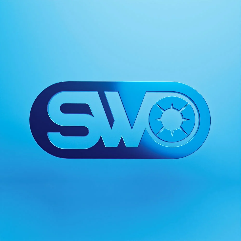 blue-3d-sneaker-brand-logo Blue three-dimensional oval brand logo with letters and a star on a blue background