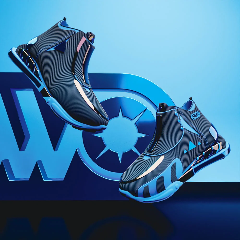blue-sneakers-product-render Pair of dark blue sneakers floating in front of a large blue brand logo in a product render
