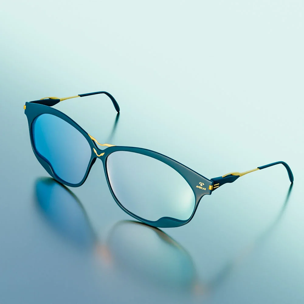 blue-sunglasses-front-angle-render Blue sunglasses with gold hinges photographed from a low front angle in a 3D product render