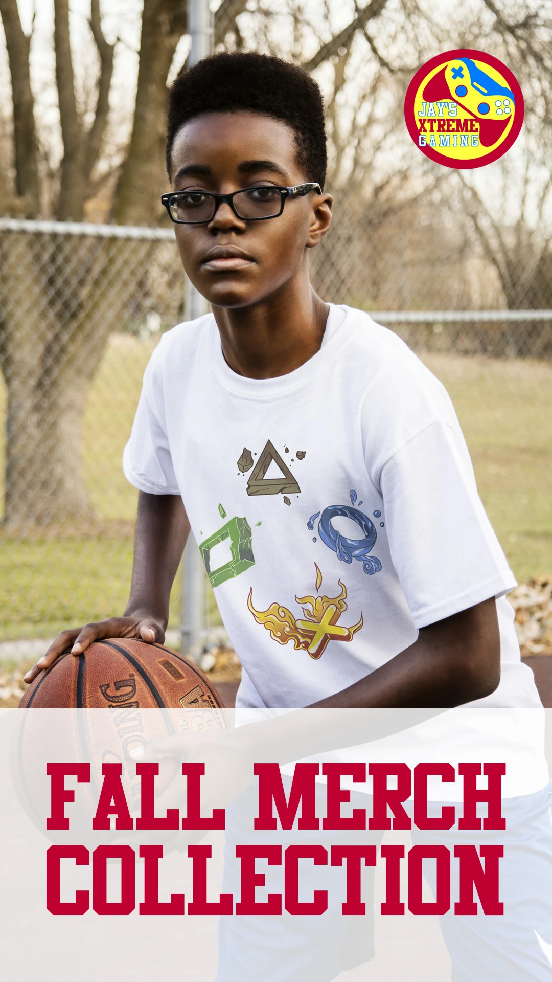 boy-basketball-white-gaming-tshirt Boy wearing glasses holds a basketball in a white t-shirt with a gaming graphic.
