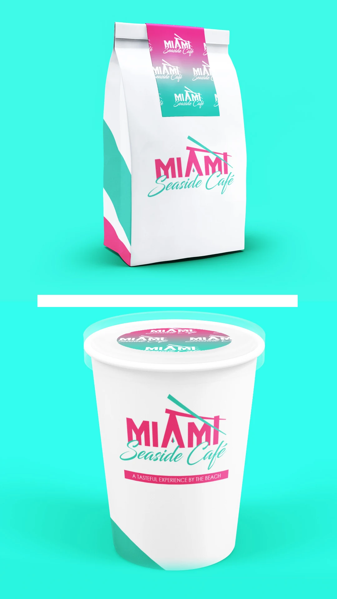 branded-coffee-bag-and-cup Brand package design for a coastal café coffee bag