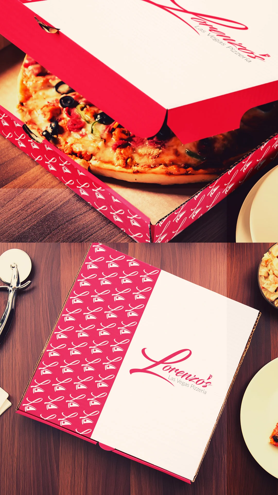 branded-pizza-boxes-logo-pattern Red and white Lorenzo's pizza boxes, one open showing a topped pizza.