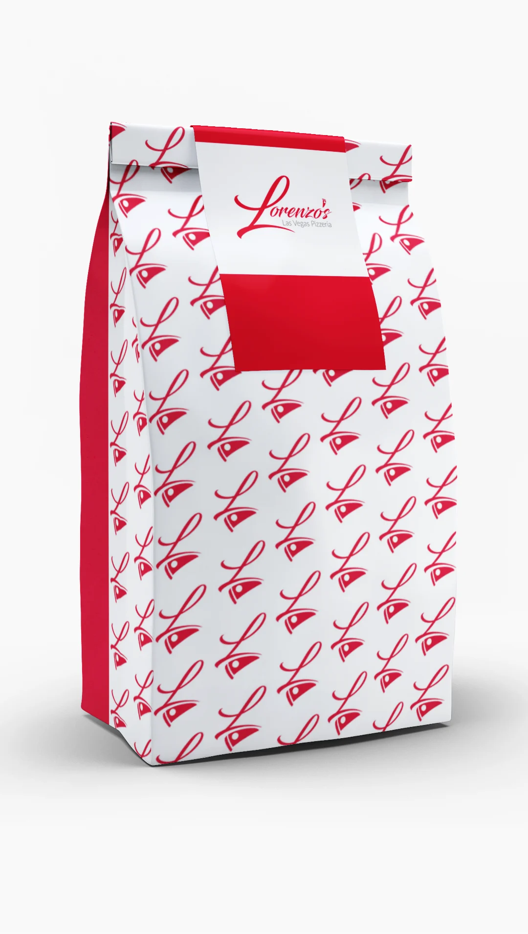 branded-pizzeria-takeout-paper-bag-packaging White takeout paper bag printed with a repeating red Lorenzo's logo pattern.