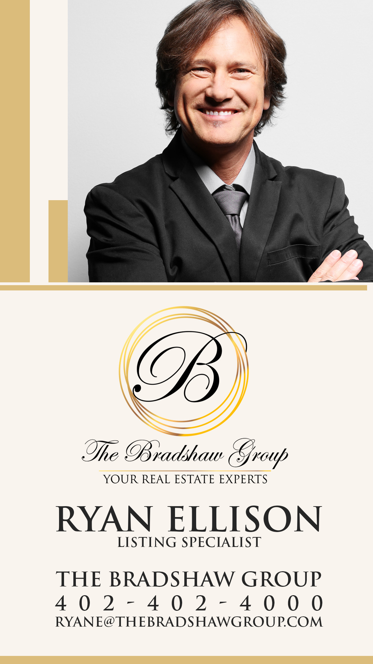 Real estate agent business card featuring a gold script B branding logo, agent headshot, and contact details.