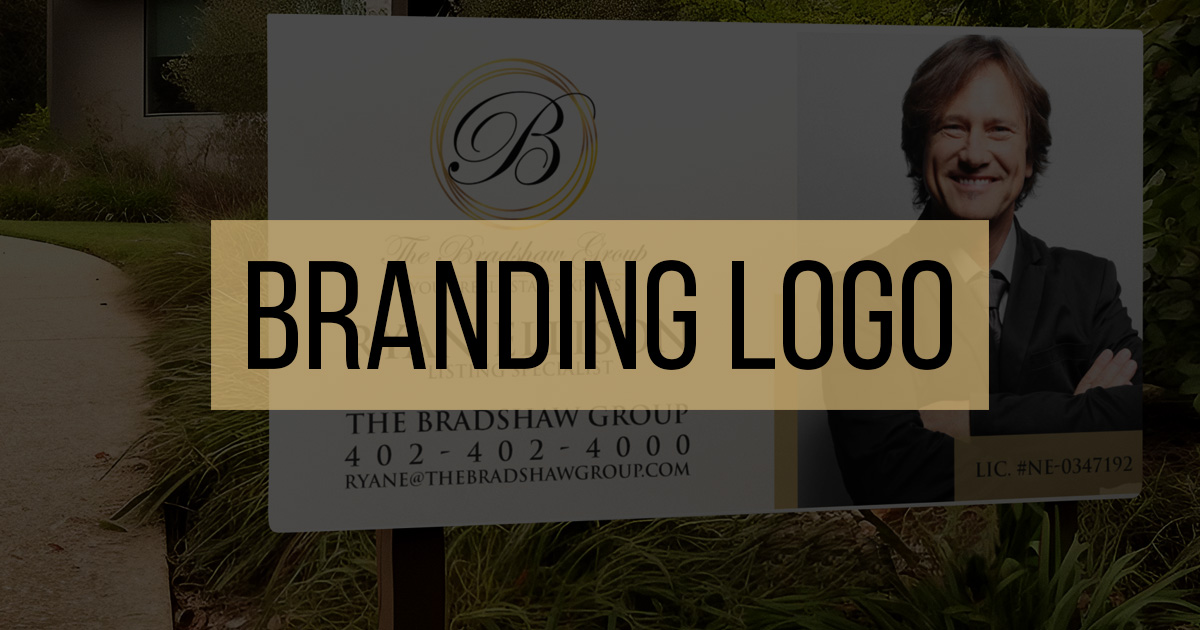 Branding logo design for real estate shown on a professional agent yard sign.