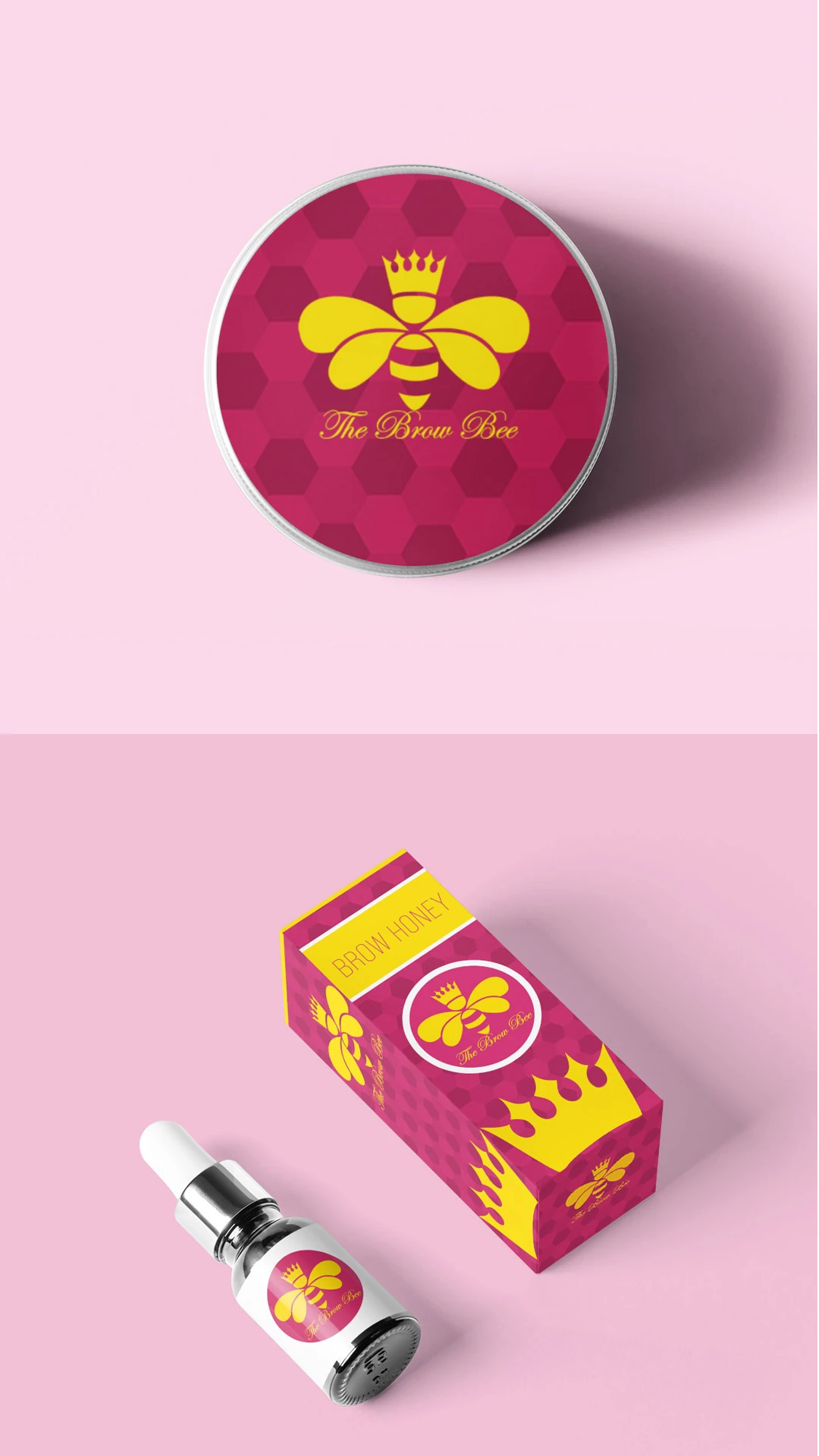brow-bee-honey-tin-box-dropper-mockup The Brow Bee honey tin, box, and dropper bottle packaging mockup.