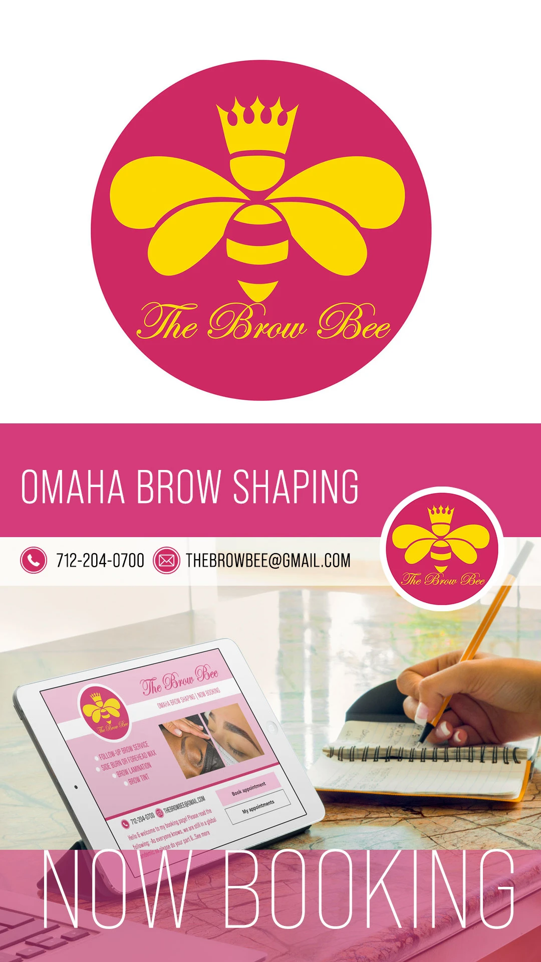 brow-bee-logo-omaha-booking-ad The Brow Bee crown-and-bee logo above an Omaha brow shaping now-booking advertisement.