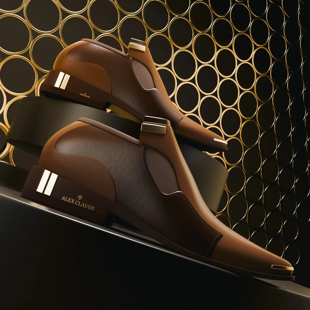 brown-leather-shoes-gold-circles Two brown leather shoes stacked in front of a decorative gold circular metal screen
