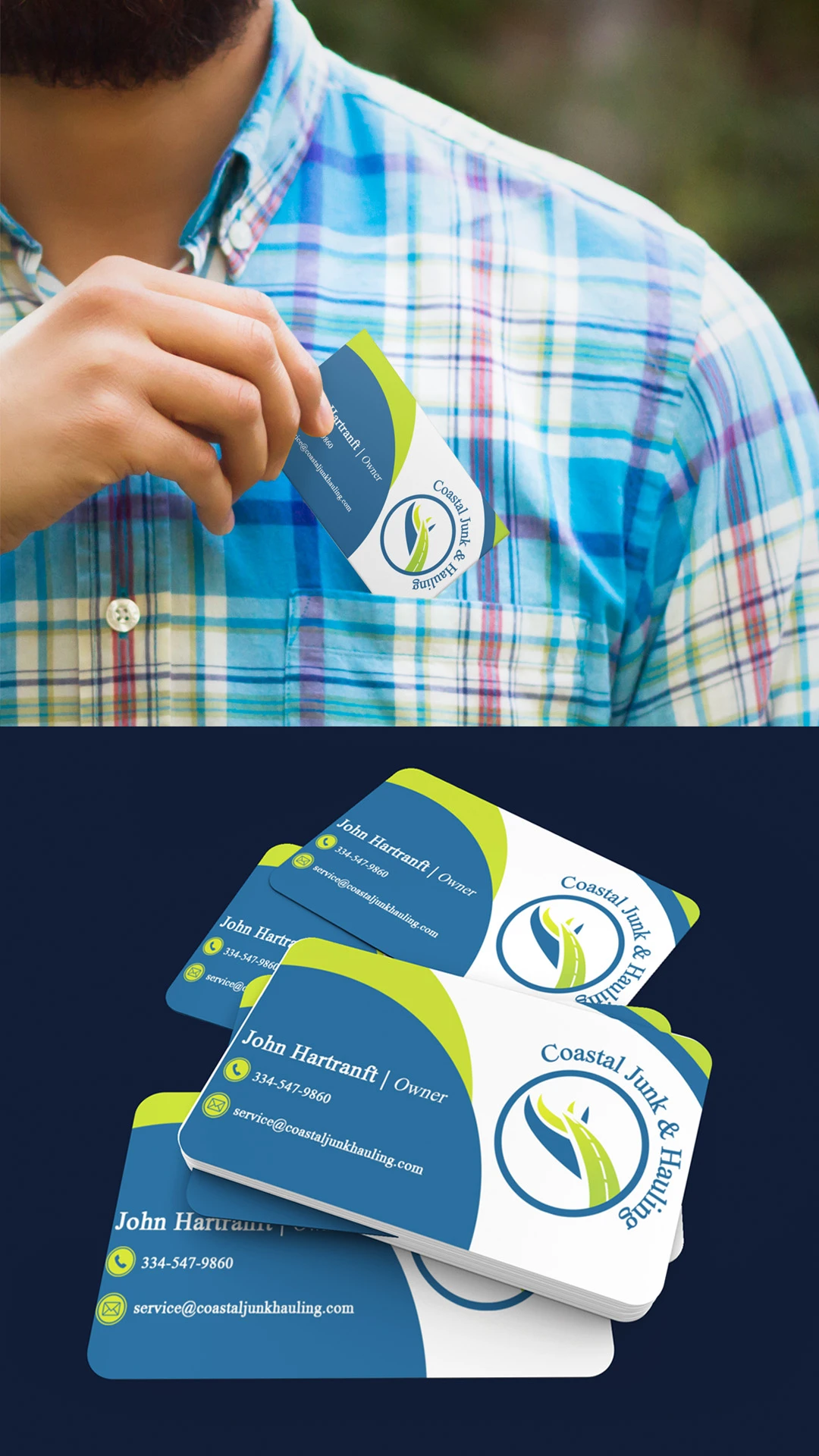 business-card-branding-design-services Coastal Junk and Hauling business cards being placed into a plaid shirt pocket.