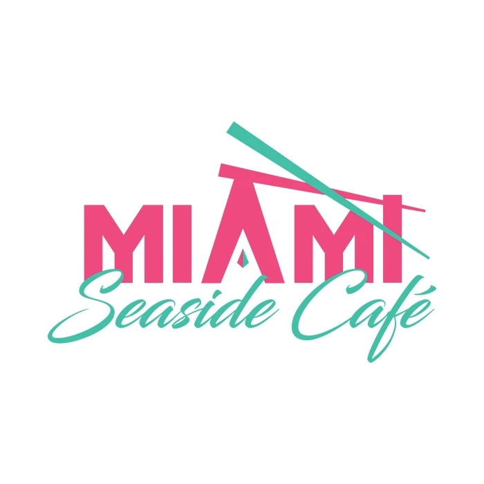 cafe-logo-branding-design-services Miami Seaside Cafe logo in pink and teal script and block lettering.