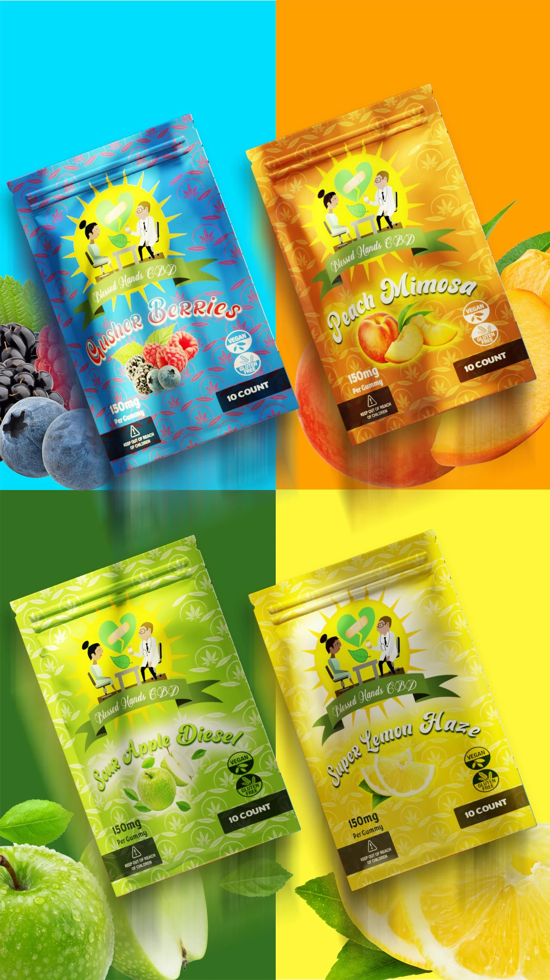 cbd-gummies-packaging-branding-design Four Blessed Hands CBD gummy pouches shown in different fruit flavor branding designs.