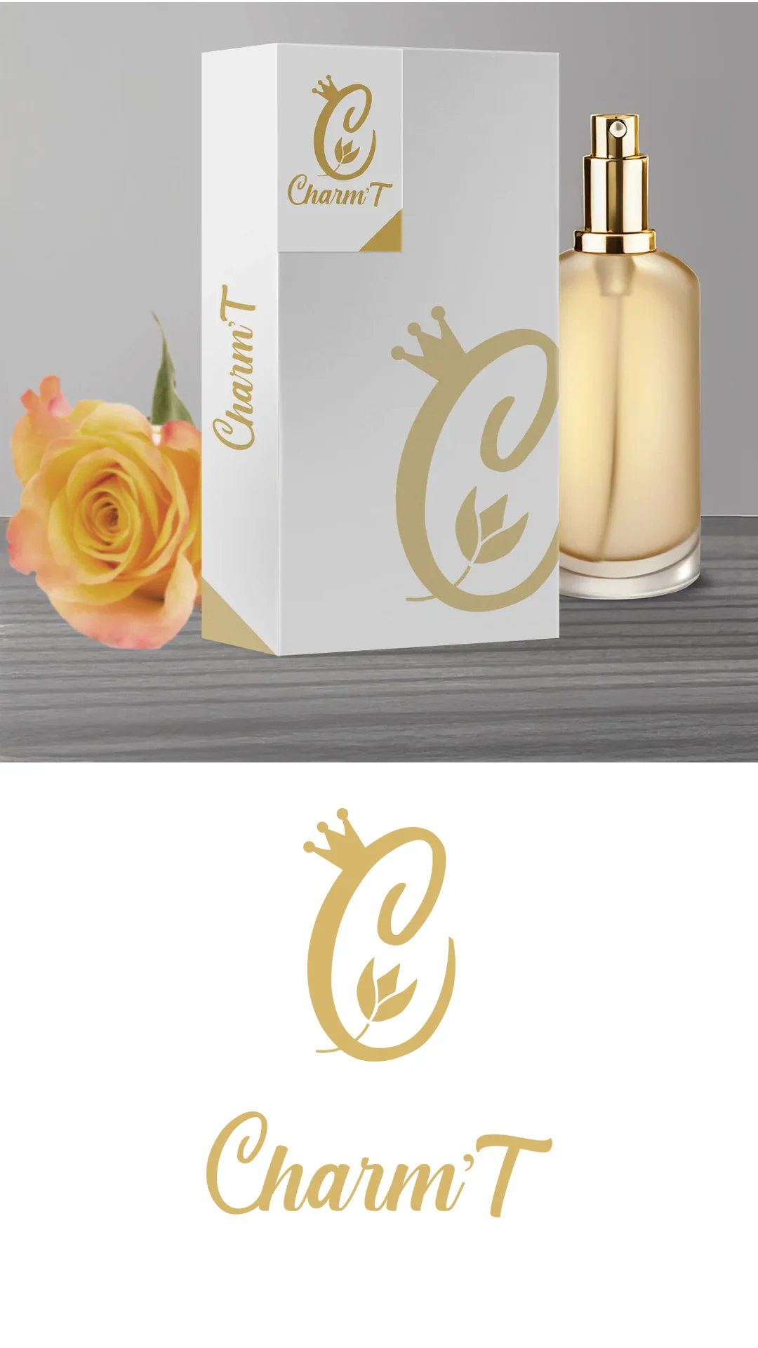charmt-perfume-box-and-bottle-mockup Charm'T gold crowned logo on perfume box packaging beside a spray bottle.
