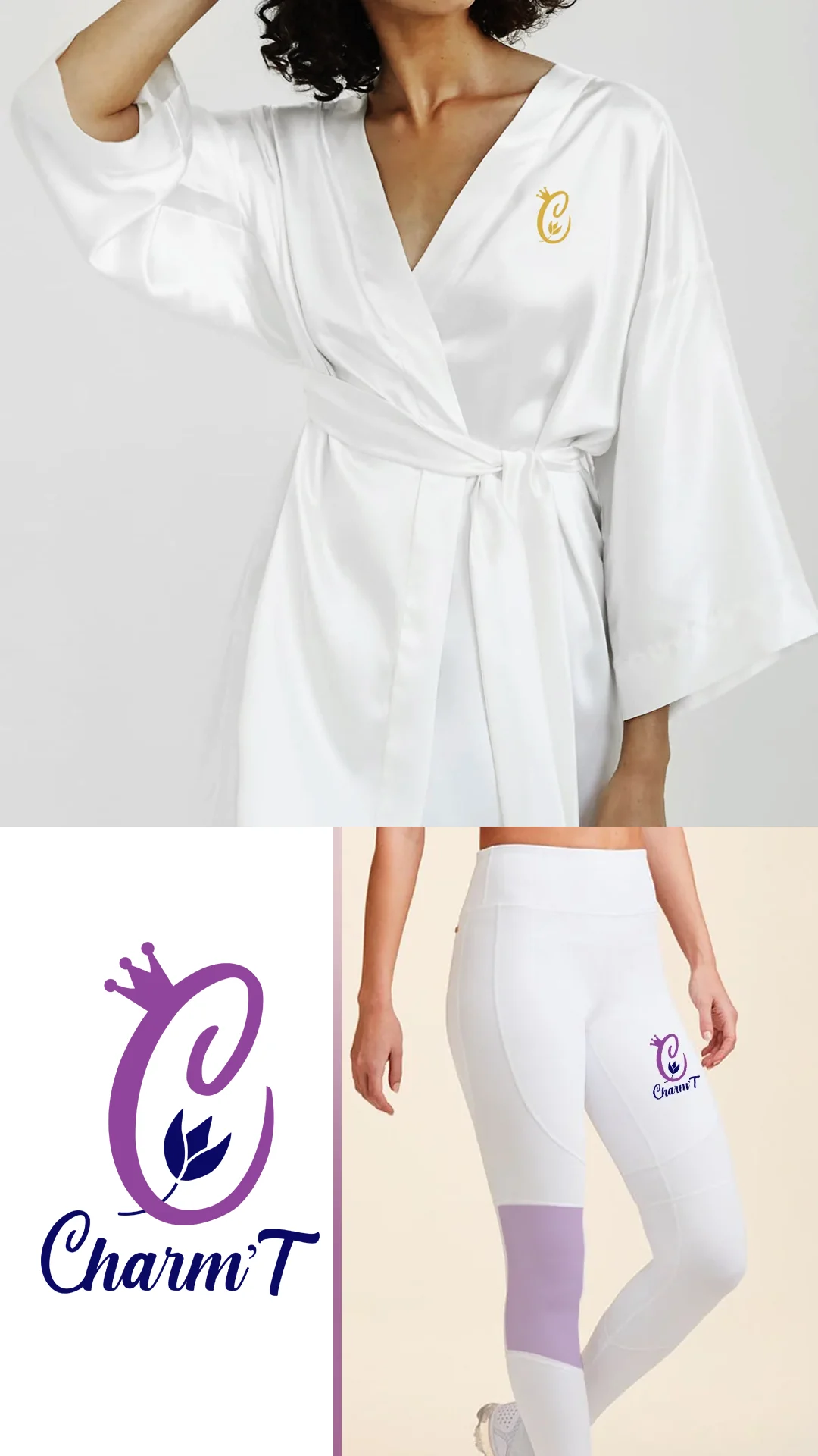 charmt-robe-and-leggings-logo-mockup Charm'T crown logo on a white satin robe and purple accented leggings.